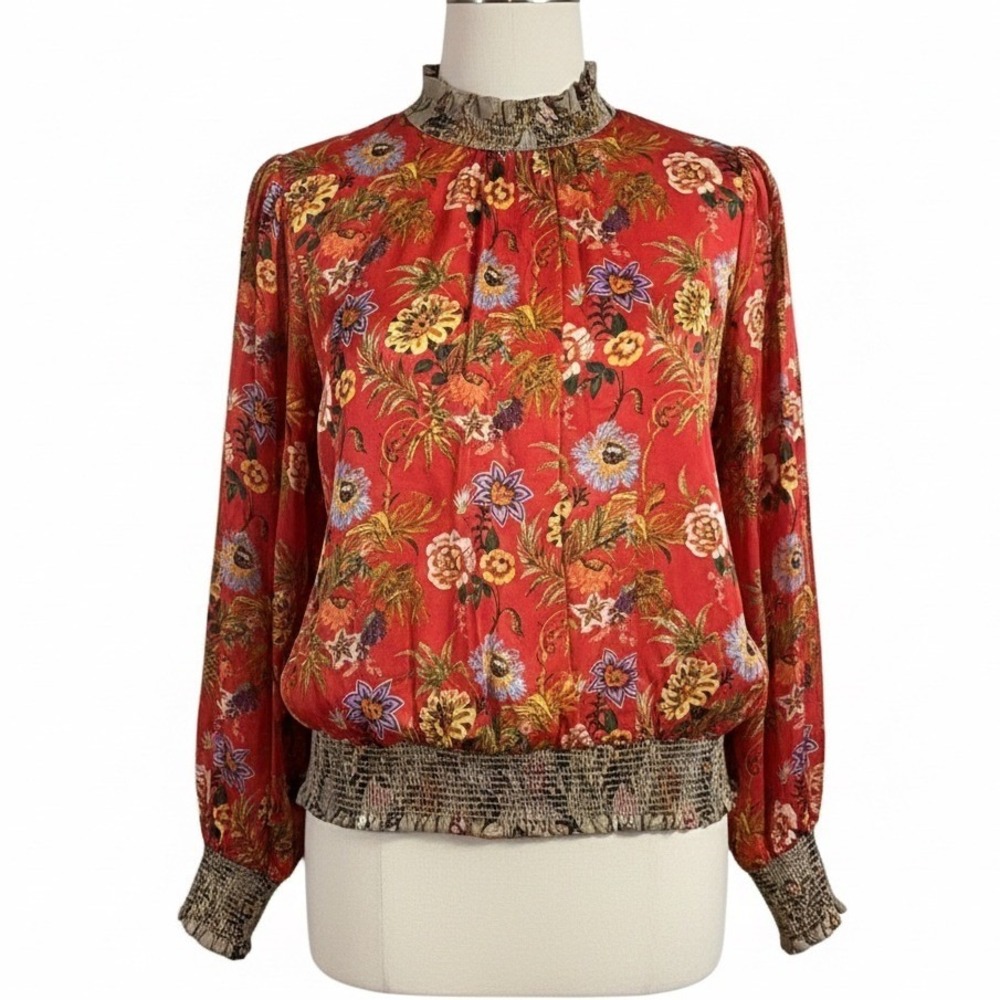 Nikasha Anthropologie Red Floral Smocked Hem Mock Neck Poet Puff‎ Sleeve Top XS